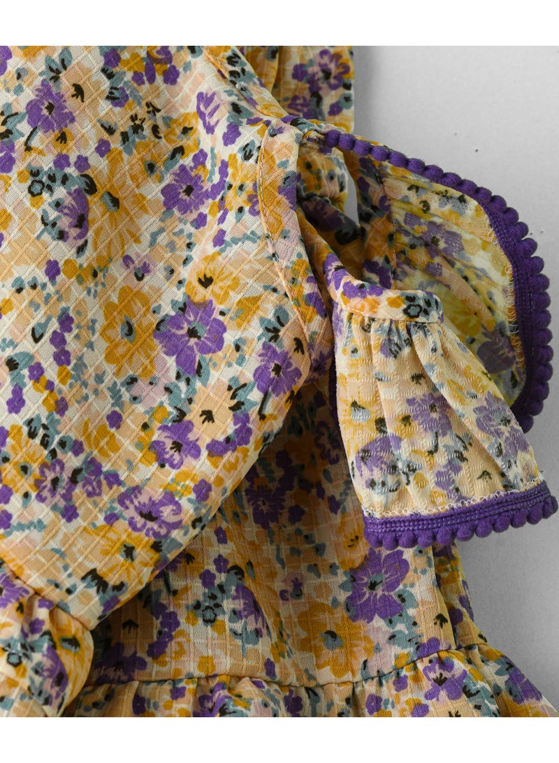 Jelliene Girls Yellow & Purple Floral Tiered Ruffle Dress - Image 4